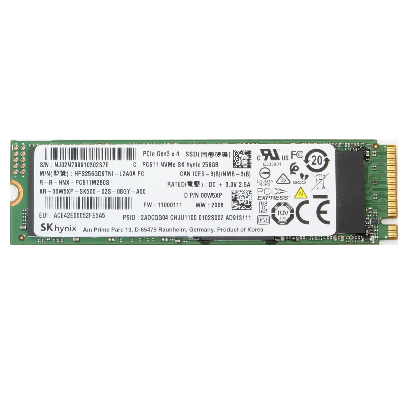 Begagnad 256GB SK Hynix BC611 SSD M2 2280 NVMe PCIe Gen3 x4 HFS256GD9TNI