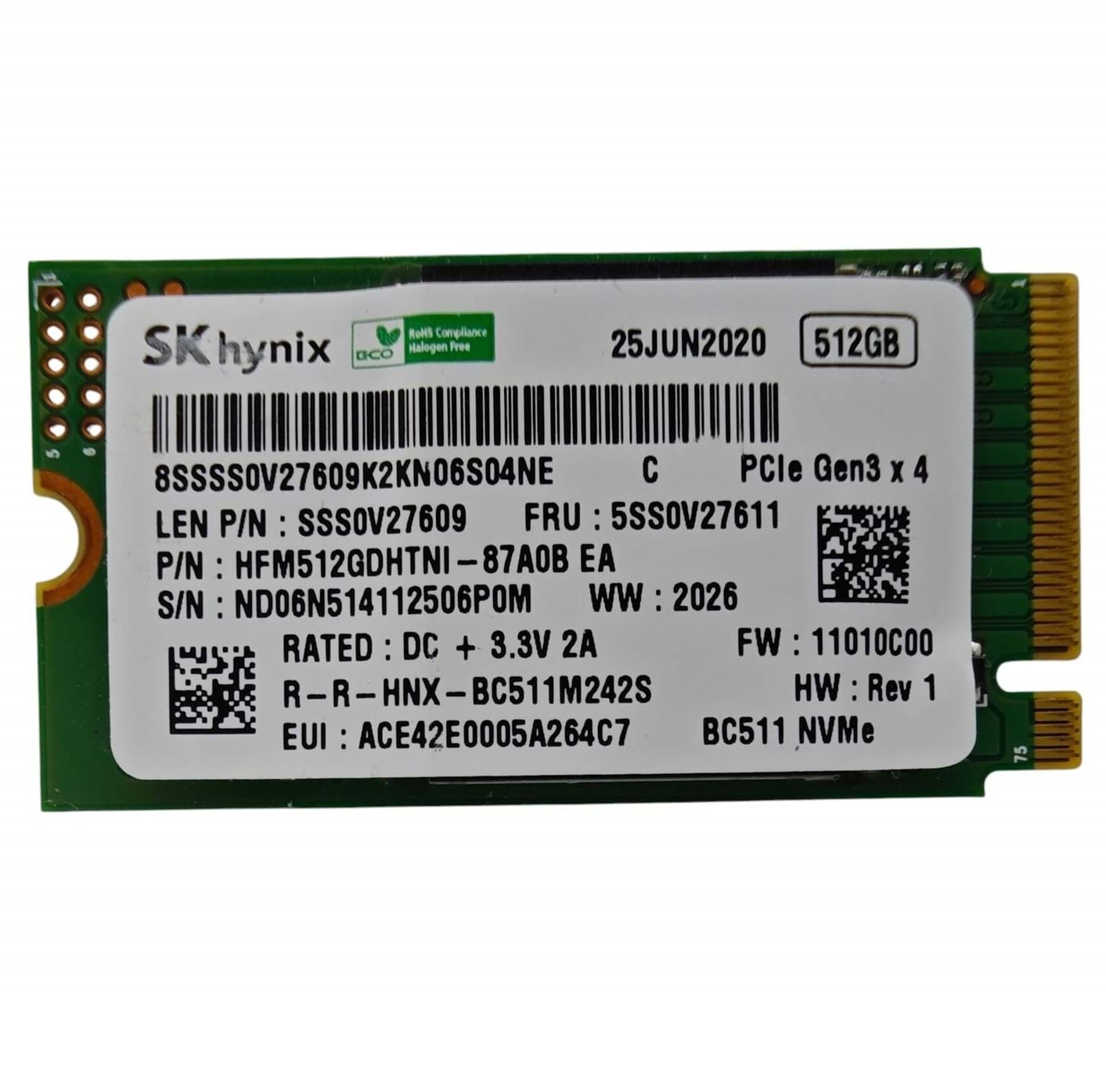 Begagnad 512GB SK Hynix BC511 M2 2242 NVMe Gen3 x4 HFM512GDHTNI