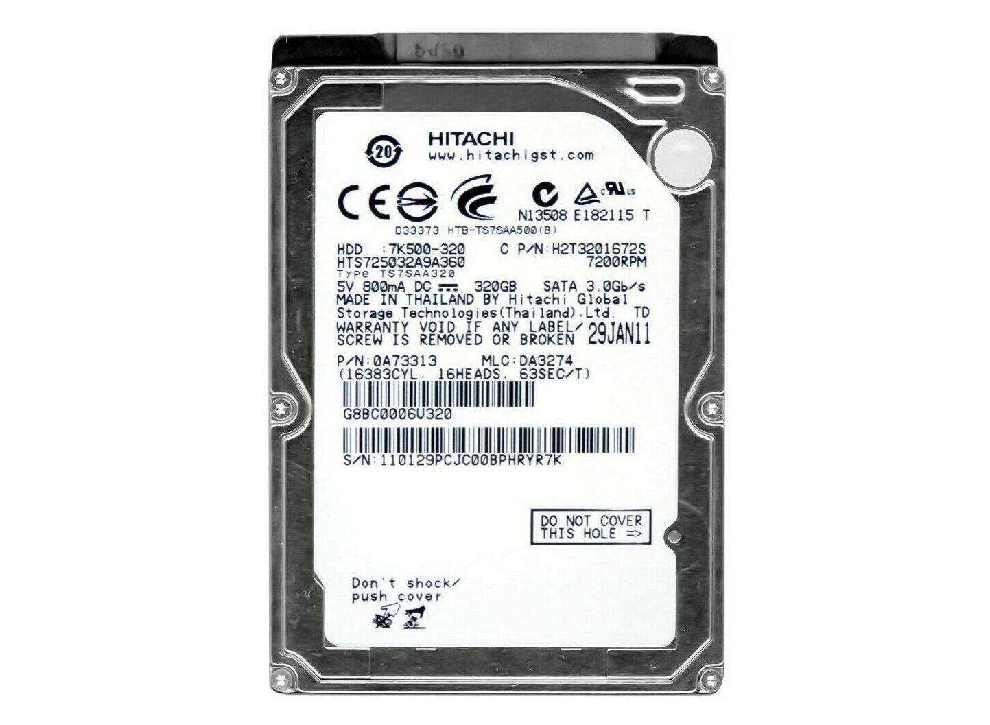 Begagnad 320GB Hitachi 7K500-320 7.2K RPM SATA 2.5"