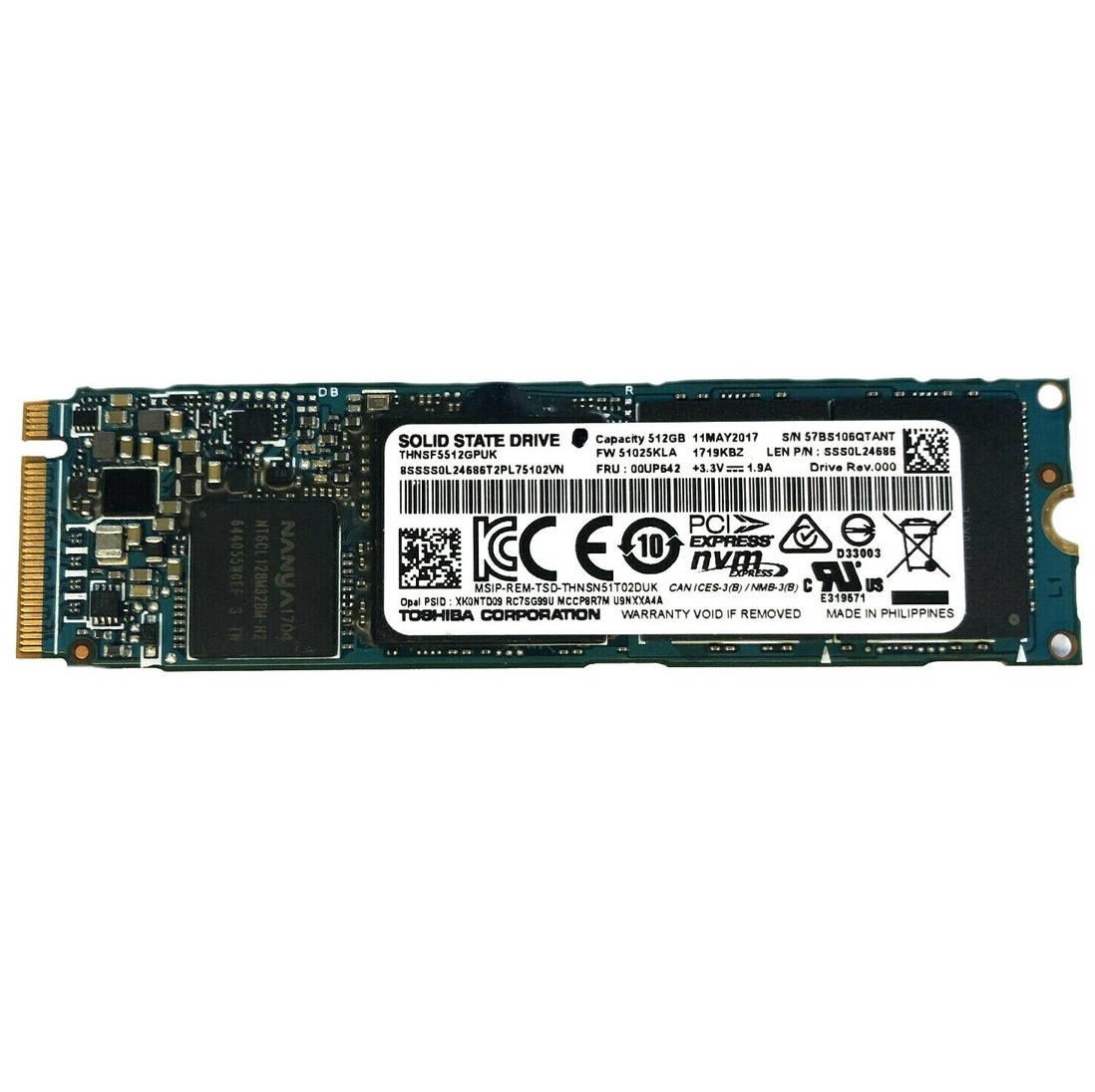 Begagnad 512GB Toshiba NVMe PCIe Gen3 x4 THNSF5512GPUK SSD M2 2280