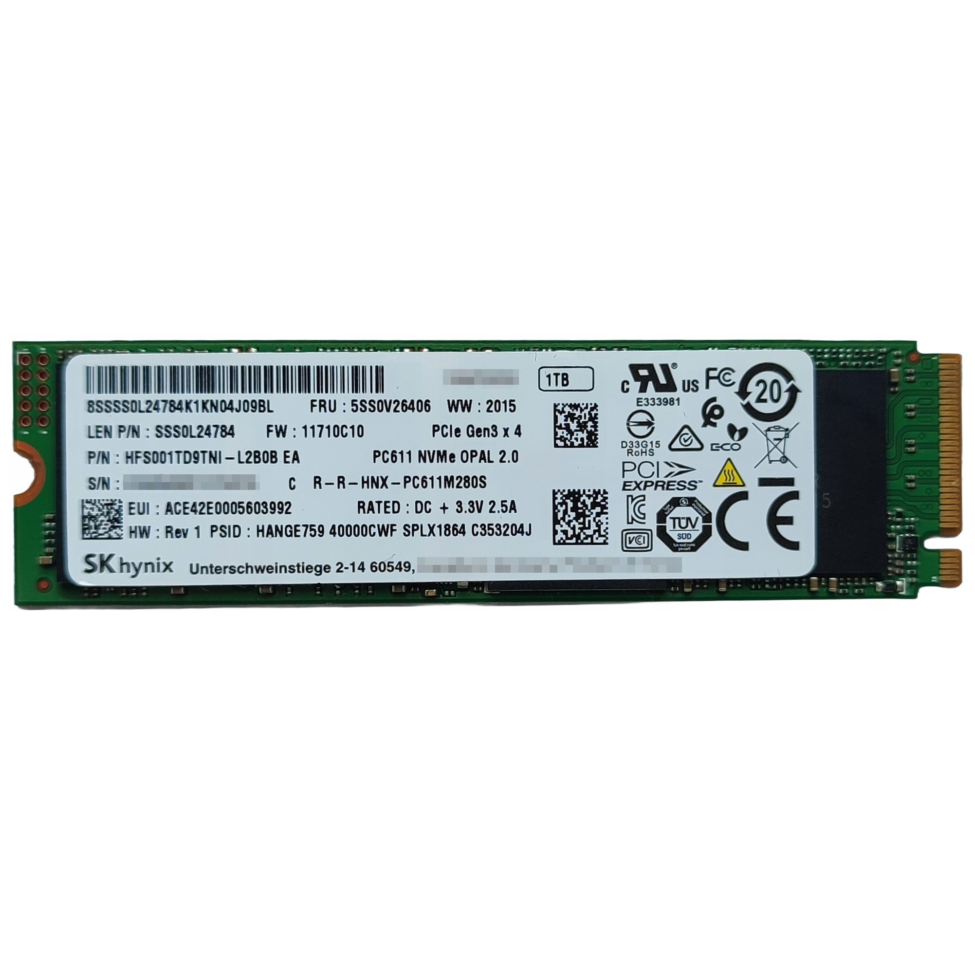 Begagnad SK Hynix PC611 1TB NVMe PCIe Gen3 SSD HFS001TD9TNI-L2B0B