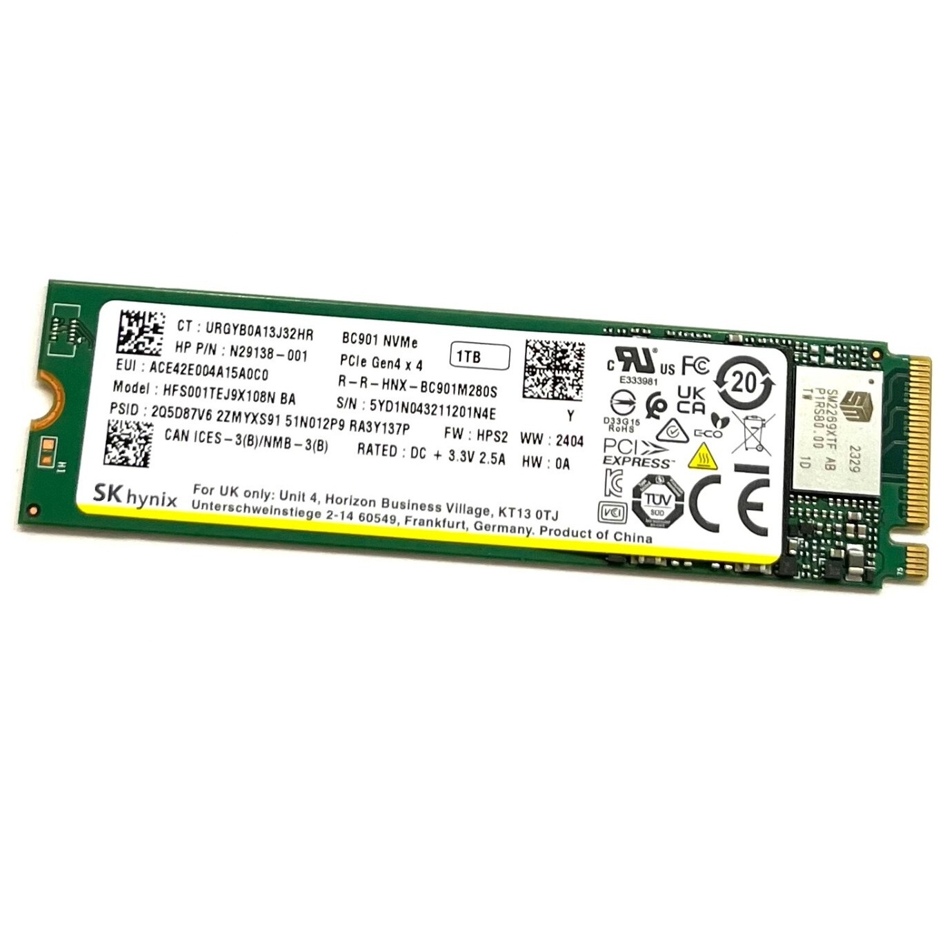 Begagnad 1TB SK Hynix BC901 SSD PCIe 4.0 NVMe M2 Gen4 x4 HFS001TEJ9X110N
