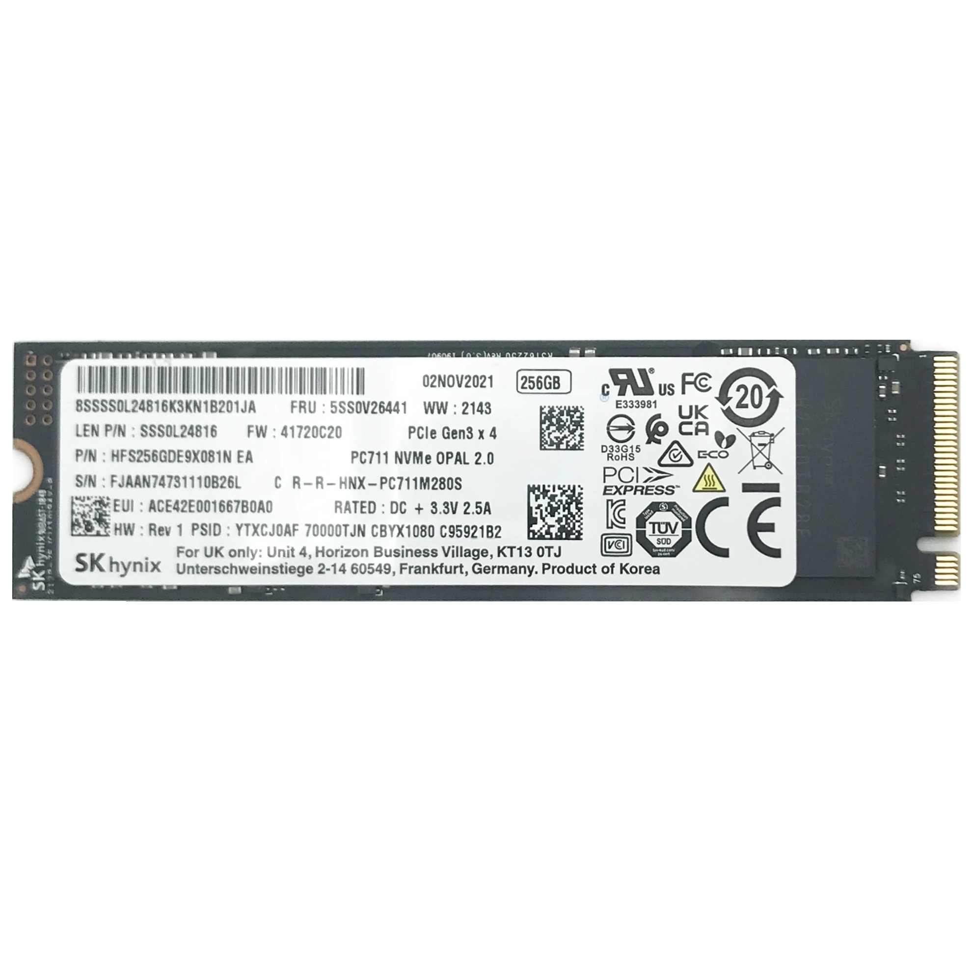 Begagnad 256GB SK Hynix PC711 SSD M2 2280 NVMe PCIe Gen3 x4 HFS256GDE9X081N