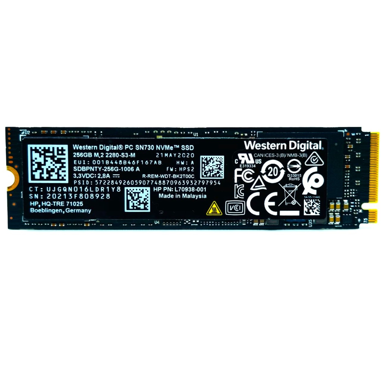 Begagnad 256GB WD PC SN730 SSD M2 2280 NVMe Gen3 x4 SED SDBPNTY-256G-1006