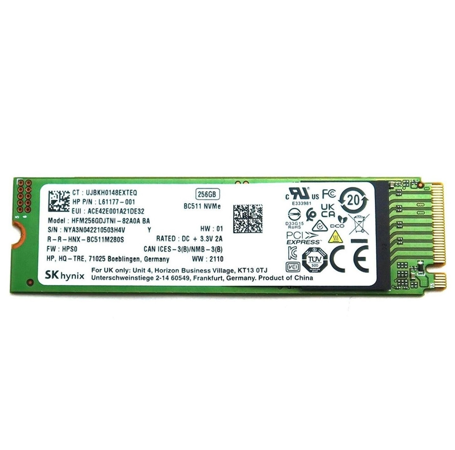 Begagnad 256GB SK Hynix BC511 SSD M2 2280 NVMe PCIe Gen3 x4 HFM256GDJTNG