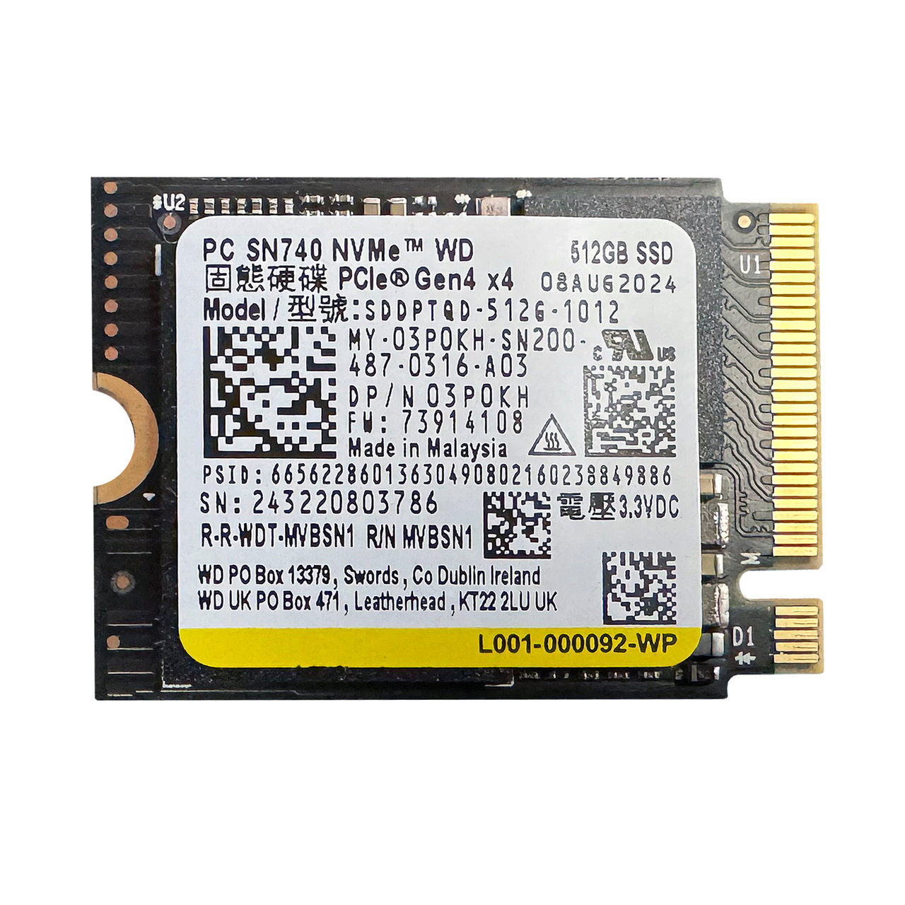 Begagnad 512GB WD PC SN740 SSD M2 2230 NVMe PCIe Gen4 x4 SDDPTQD-512G-1012