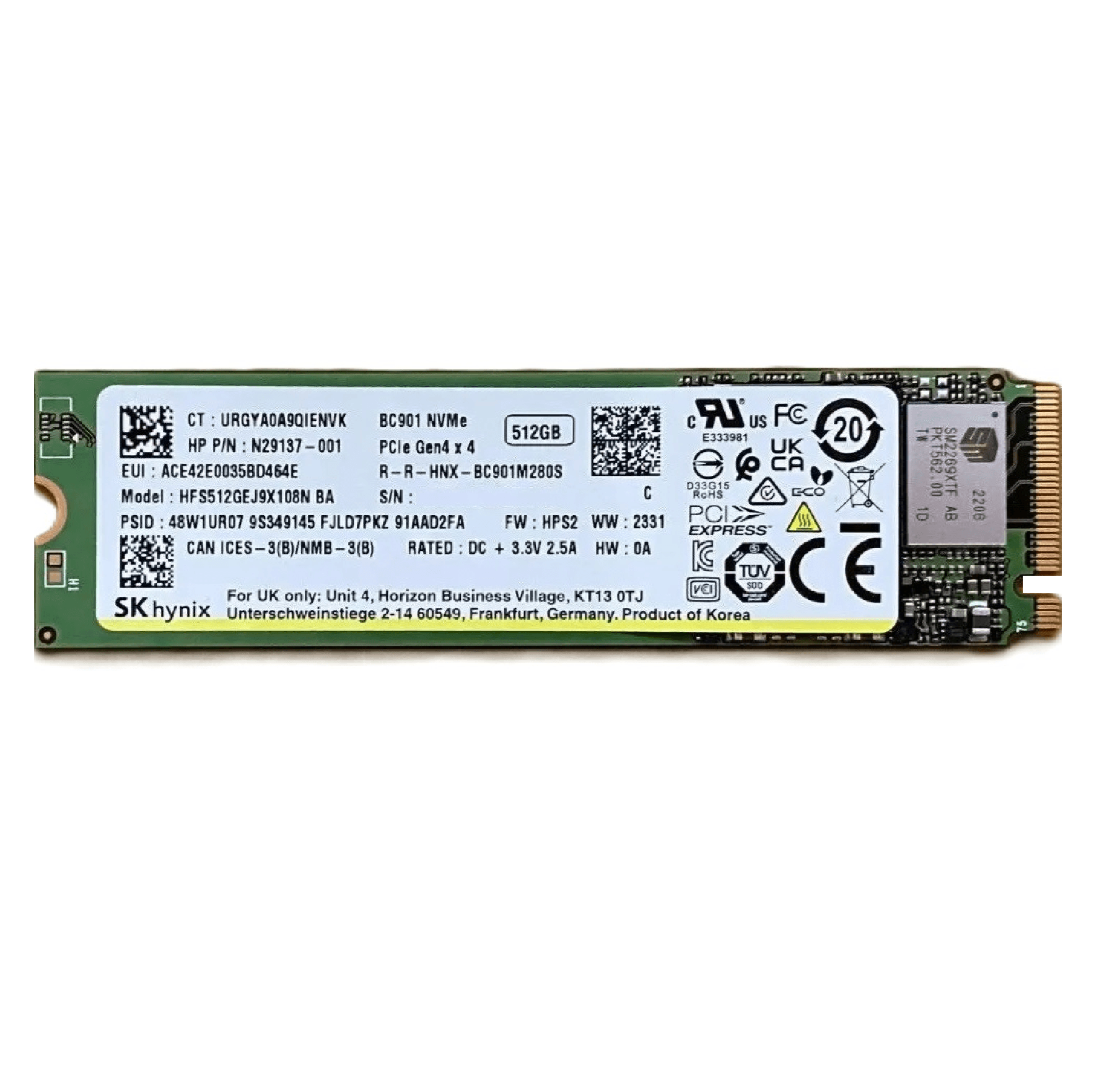 Begagnad 512GB SK Hynix BC901 M.2 2280 PCIe Gen4 x4 NVMe SSD HFS512GEJ9X108N