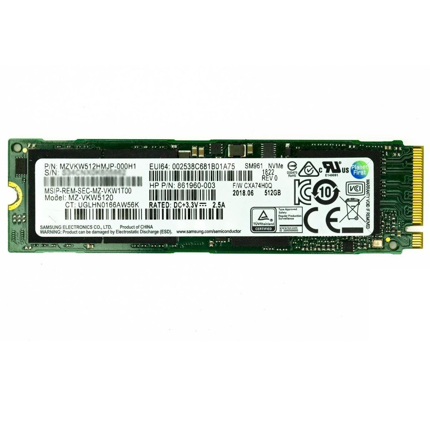Begagnad 512GB Samsung SM961 Polaris SSD M2 2280 NVMe PCIe Gen3 x4 MZVKW512HMJP