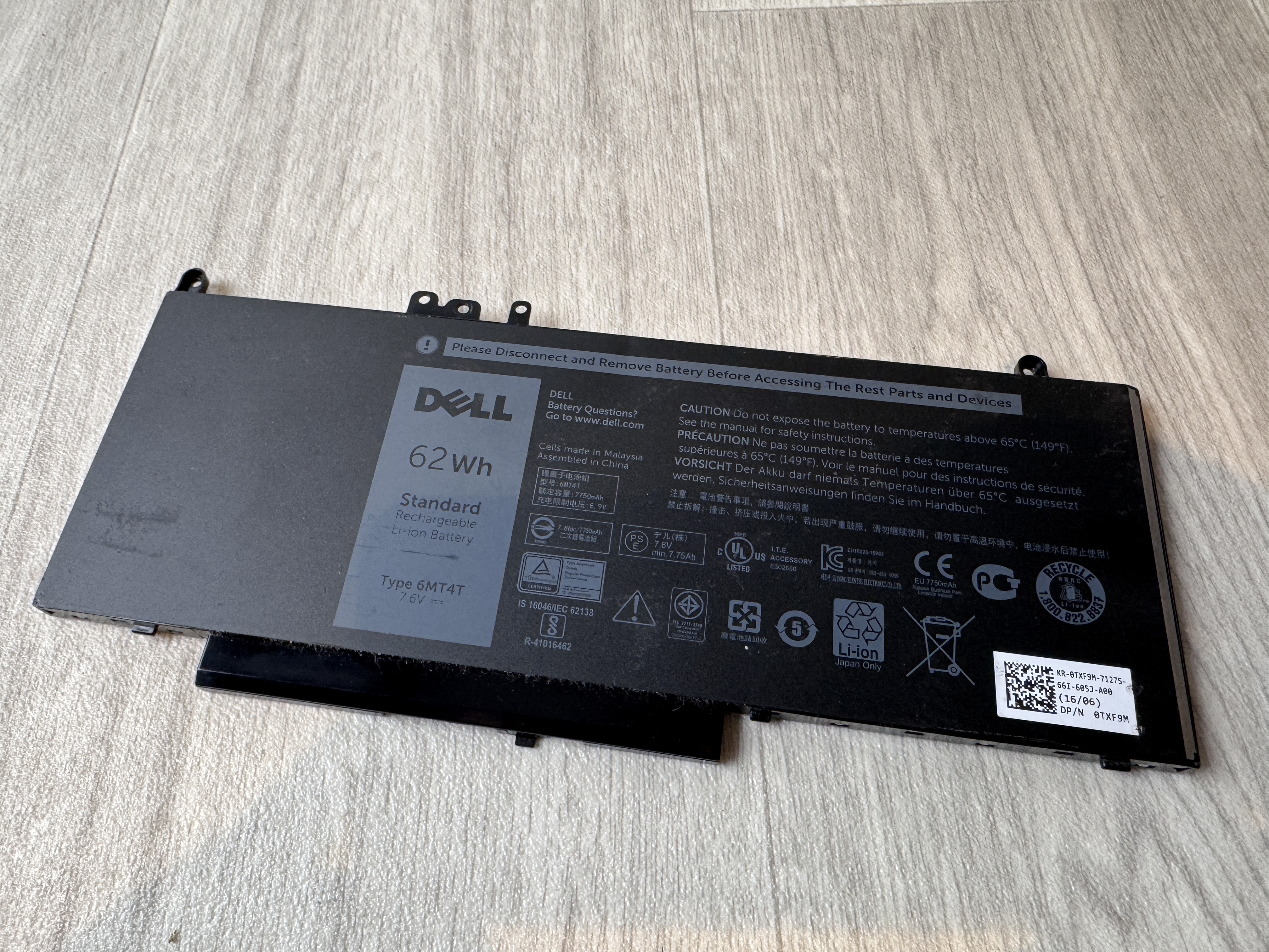 Begagnat Original Dell 6MT4T Batteri 7.6V 62Wh Dell Latitude E5470 E5570 Dell Precision M3510