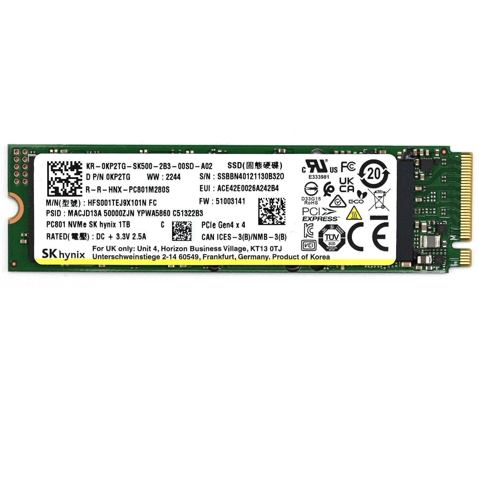 Begagnad 1TB SK Hynix BC801 SSD PCIe 4.0 NVMe M2 Gen4 x4 HFS001TEJ9X101N