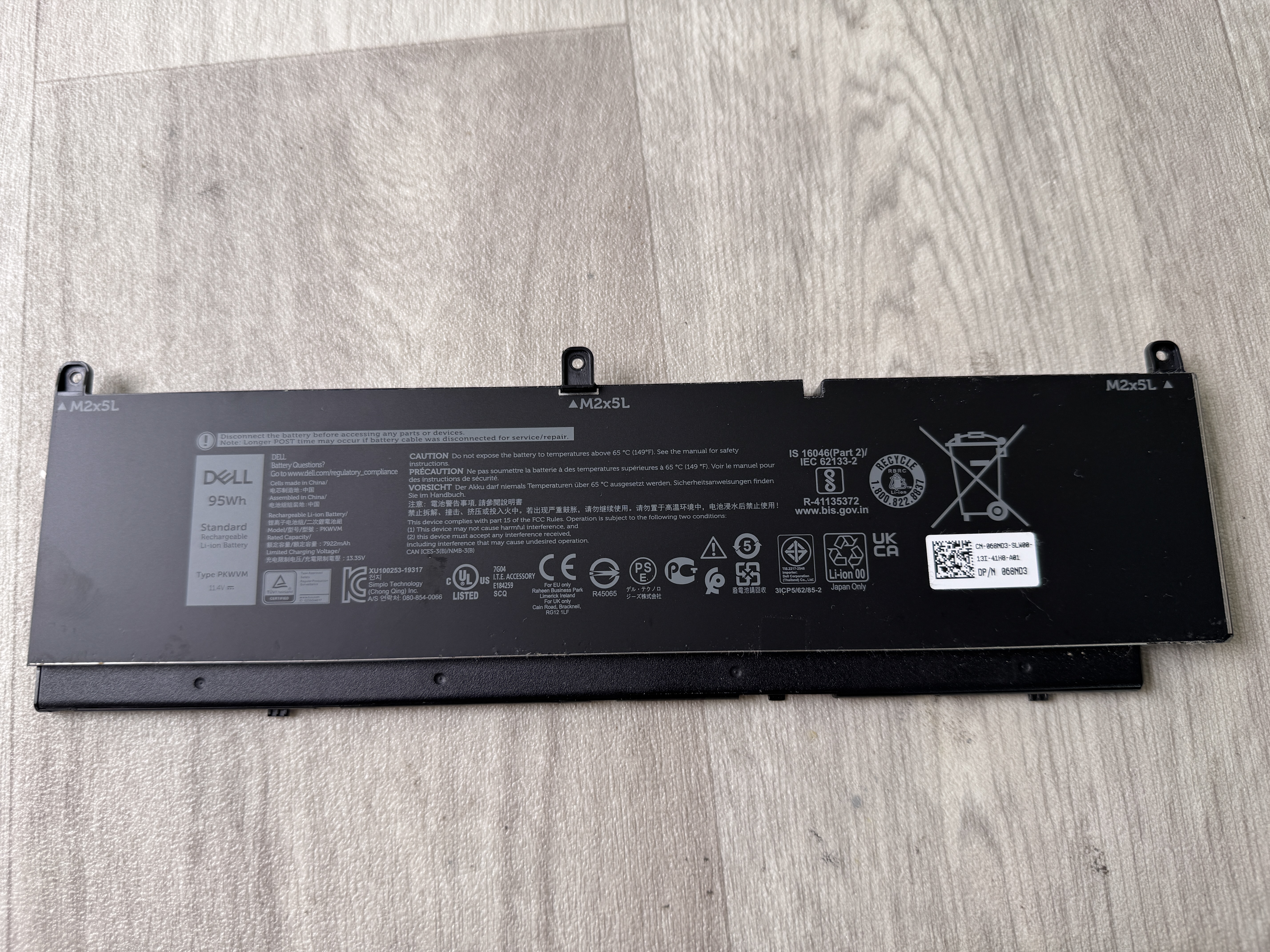 Begagnat Dell Original PKWVM Batteri 11.4V 95Wh CN-068ND3 068ND3 68ND3 7550 7560 7750 7760