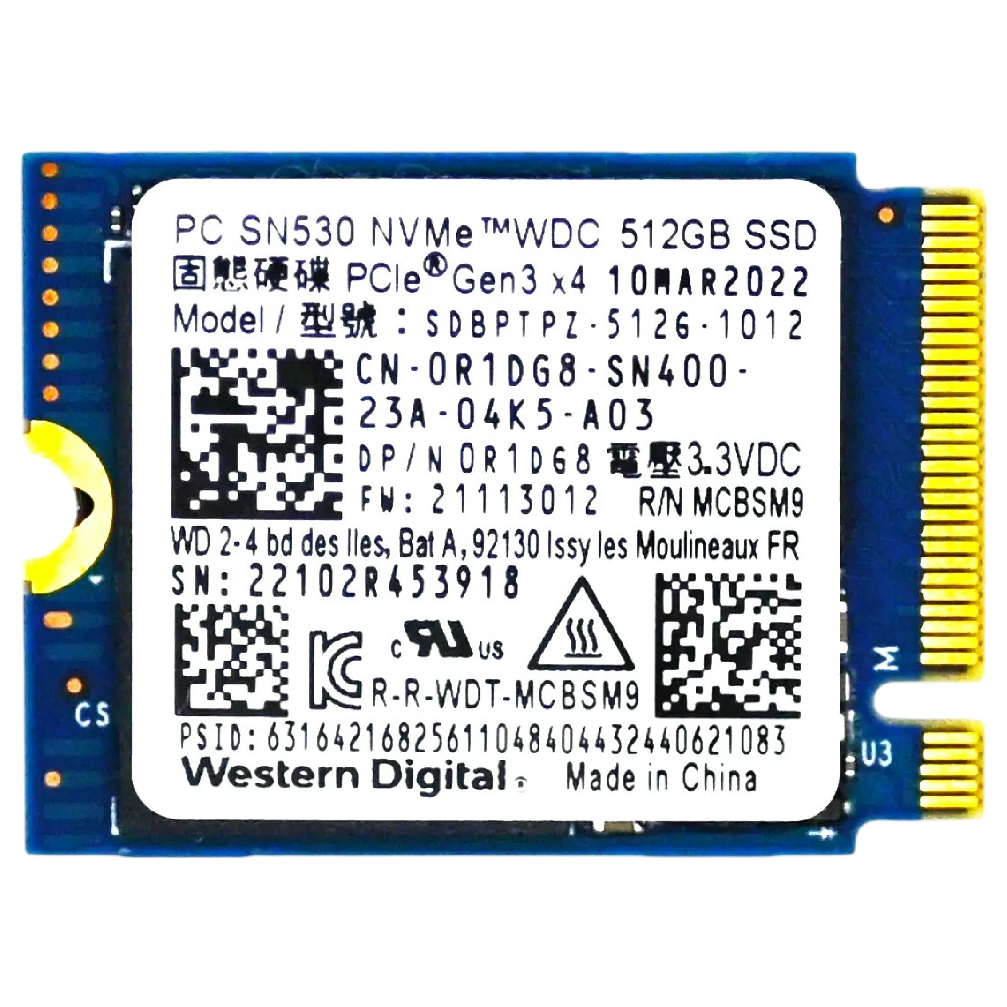 Begagnad 512GB WD PC SN530 M2 2230 NVMe G3 x4 SDBPTPZ-512G