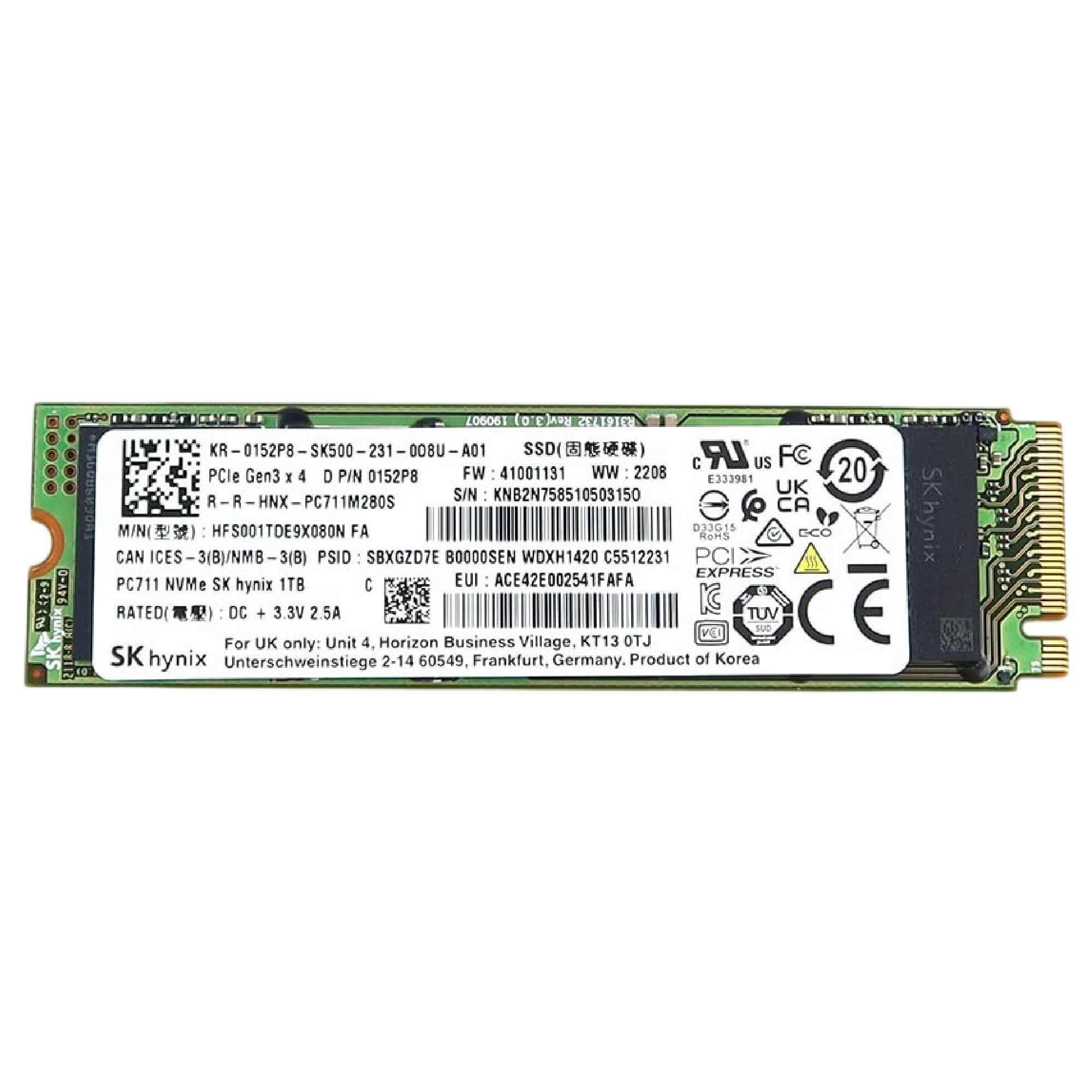 Begagnad 1TB SK Hynix PC711 PCIe Gen3 x4 NVMe M2 2280 HFS001TDE9X073N